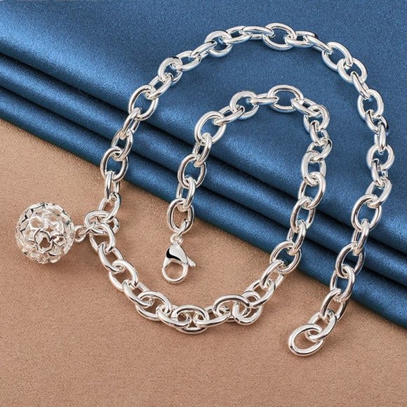 18 Inch O-Ring Chain With Hollowed & Carved Ball .925 Solid Sterling Silver! - Picture 6 of 7